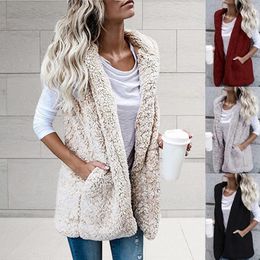 Waistcoats Women Plush Vest Coat Solid Color Pockets Autumn Winter Warm Doublesided Fluffy Cardigan Vest Hoodie Jacket Waistcoat Outwear