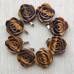 Pendant Necklaces Romantic Natural Tiger Eye Stone Carved Rose Flower Pendants Charms For Jewellery Making 8pcs/lot Wholesale