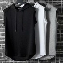 Men's Polos Men Muscle Hoodie Vest Sleeveless Pure Color All Match Loose Sweat Absorption Summer Tshirt for Gym Workout Fitness 230512