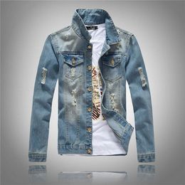 Men's Jackets Denim Jacket Korean Style Trendy Mind Blue Hole Coat Jeans Large Size Light-colored