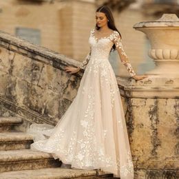 Elegant Boho Wedding Dress Lace Up A-Line Flowers Appliques Long Sleeves Bridal Party Gowns Sexy Vestidos De Novia Custom Made