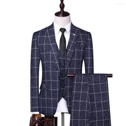 Men's Suits Wedding Large Size Mens 3 Piece Slim Fit Plaid Suit Navy Blue Single Breasted Vintage