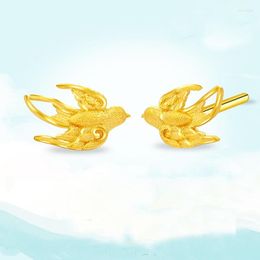 Stud Earrings Pure 999 24K Yellow Gold Women Fashion Birdie