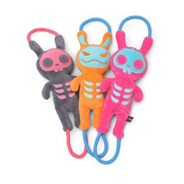 Toys QMONSTER 2021 New Dog Toy Durable Pull Rope with Cute Squeaky Plush Skeleton Rabbit 56cm x 15cm 3 Colors Interactive Dog Toy