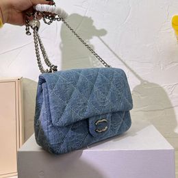 Designer Womens Mini Shoulder Bag Camellia Denim Bag Hardware Silver Ornaments Buckle Adjustable Love Buckle Portable Crossbody Bags Makeup Box Blue 20X16cm