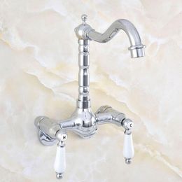 Bathroom Sink Faucets 3-3/8" Faucet Polished Chrome Kitchen Mixer Tap Wall Mounted Dual Handle And Cold Taps Nqg205