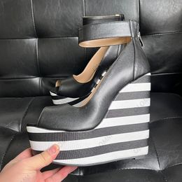 Olomm Handmade Women Platform Stripped Pumps Ankle Strap Wedges Heels Peep Toe Party Shoes Women Plus US Size 5-20