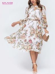 Casual Dresses S.FLAVOR Women's Floral Print Casual Dress Elegant 3/4 Sleeve Chiffon Midi Dresses Bohemian Style Beach Vestidos 230512