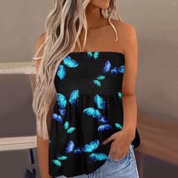 Women's Tanks Women Strapless Bandeau Tank Tops Casual Sleeveless Butterfly Print Vacation Loose Tube Shirt Blouse Pleated Stretch Swing