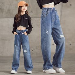 Jeans Spring Autumn Children Jeans for Girls Clothes Kids Denim Trousers Teenage Baby Girls Loose Fashion Ripped Hole Wide Leg Pants 230512
