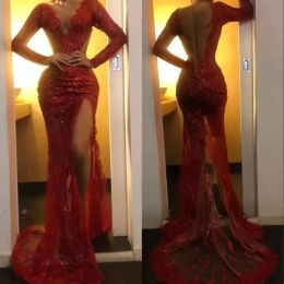 Sheer Sparkling Red V Neck Sequins High Split Mermaid Prom Dresses Long Sleeve Tulle Applique Sweep Train Formal Party Evening Gowns 2023