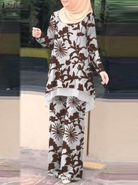 Dress ZANZEA Fashion Floral Printed Muslim Sets Two Piece Sets Womens Outifits Spring Bohemian Blouse Pants Suits Islamic Clothing