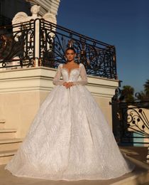 Elegant Ball Gown Wedding Dresses Long Sleeves V Neck Sequins Applique Ruffles Bridal Gowns Beads 3D Lace Buttons Formal Dress Plus Size Custom Made Vestido de novia