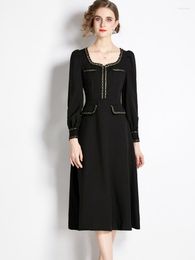 Casual Dresses Fashion Arrivals Autumn For Women Long Sleeve 2023 Designer Square Collar Midi Black Vestidos Elegant Party Robe