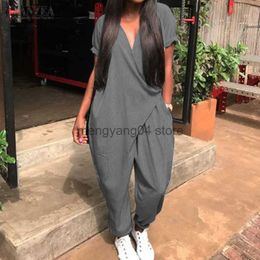 Women's Two Piece Pants 2023 Fashion Summer Rompers ZANZEA Women Jumpsuits Casual Loose V Neck Short Sleeve Overalls Harem Pants Solid Long Playsuits 7 T230512