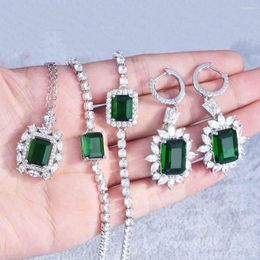 Necklace Earrings Set Luxury Princess Drill Green Crystal Jewelry For Women Tennis Zircon Bracelet Pendant Dangle Earring Gifts KAE067