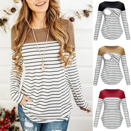 Maternity Tops Tees Women Maternity T-shirt Clothes Summer Fall Long Sleeve Stripe Nursing Top Breastfeeding Shirts Pregnancy Clothes Plus Size 230512