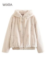 Dress Wixra Ladies Hooded Coats Femme Pockets Soft Mink Fur Women Trendy Street Style Loose Short Zipper Outwear Winter