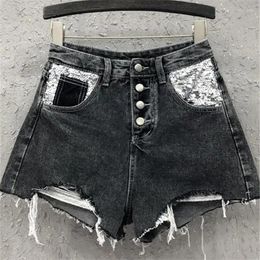 Women's Shorts Black Ripped Denim Women Summer Loose High Waist Jeans Button Sequined A-Line Wide Leg Short Pants Female