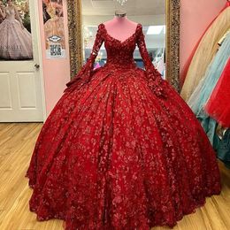 burgundy Glitter Sequined Crystal Quinceanera Dresses puffy skirt Long Sleeve 3D Flowers lace-up Corset Vestidos De XV Anos