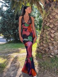 Casual Dresses Beach Holiday Party Maxi Dress For Women 2023 Backless Sleeveless Bandage Long Lace Patchwork See Through Robe