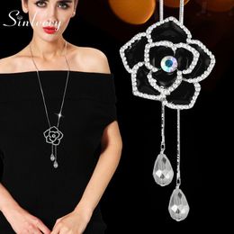 SINLEERY Vintage Crystal Ball 2 Lines Adjust Pendant Black Rose Flower Long Chain Necklace For Women Accessories MY443 SSB