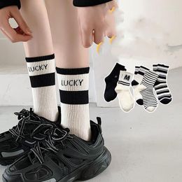 Women Socks Lucky Letter Woman Sock Striped For Casual Kawaii Fashion Warm Comfortable Sox Soft Cotton Autumn Winter Stockings