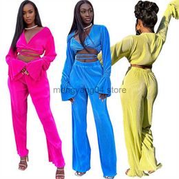 Women's Two Piece Pants Adogirl Pleated Two Piece Set Women Solid Wrap V Neck Lace Up Flare Sleeve Crop Top Wide Leg Pants Fashion Casual Clothing Suit T230512