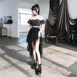 Skirts Women's High Waist Bust Mesh Skirt Short Front And Long Back 2023 Korean Office Lady Ball Gown Knee-Length