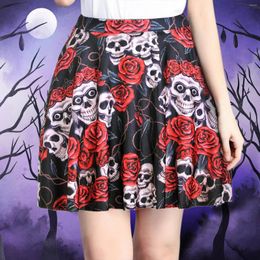 Skirts Women Retro Vintage Cotton Black Skirt Printed Halloween Rose Polka Dots Red Blue High Waist Plaid