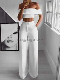 Women's Two Piece Pants Summer White Black 2 Piece Set Women Clothing Wide Leg Pants Suits Sexy Cropped Top + Long Trousers Fashion Woman Tracksuits T230512