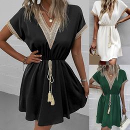 Casual Dresses Womens Fashion Dress Spring And Summer Solid Colour Short Sleeved Lace V Neck Waist Sundresses For Women Beach Midi