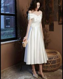 Sweetheart Cap-sleeves White Bridesmaids' & Formal Dresses Tea-length Simple Elastic Satin Bridesmaid Dress