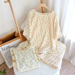 Women's Sleepwear Cotton Gauze Summer Women Pajamas 2-Piece Set Short-Sleeved Floral Print Pajamas Homewear Ladies Pajamas Women Sleepwear P230511