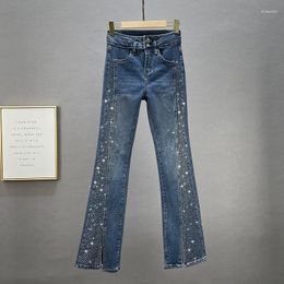 Women's Pants Flared Jeans Women High Waist Fashion Stretch Denim 2023 Autumn Cotton Elastic Slim Rhinestone Trousers