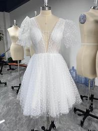 Party Dresses Real Image Dotted Tulle Homecoming V Neck Short Sleeve Graduation Birthday Dress Sexy Open Back Bride Gowns