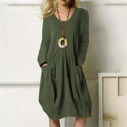 Casual Dresses Oversized Ladies Long Sleeve O-neck Loose House Dress Vintage Cotton Linen Pocket Women Autumn Winter Solid Colour