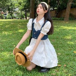 Work Dresses Summer Women Dress Set 2023 Korean Lady Student Fashion Denim Vest Tops White Shirt 2 Piece Sets Streetwear Female