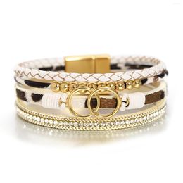 Charm Bracelets Amorcome Bohemian Double Circle Leopard Leather For Women Metal Beads Multilayer Wrap Female Jewellery