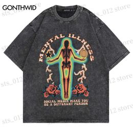 Men's T-Shirts Men Distressed T-Shirts Hip Hop Skull Skeleton Print Punk Gothic Rock Tshirt Streetwear Harajuku Vintage Casual Cotton Tee Top T230512