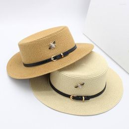 Wide Brim Hats 2023 Rhinestone Straw Hat For Women Girls Sun Protection Summer Beach Bee Brooch Natural Boater With PU Band