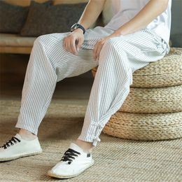 Men's Pants Arrival Men's Elastic Waist Cotton and Linen Trousers Men Stripe Harem Pant Ankle Length Pants Male 4 Colors K58 230512