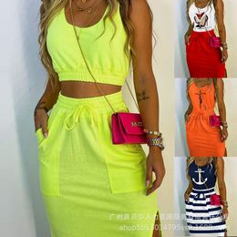 Two Piece Dress Sleeveless Cami Tanks Tops O Neck Crop Tank Top Split Hem Skirt Set Women 2pcs Clothes Suit Short Drawstring Long 230512