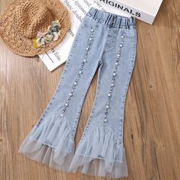 Jeans Teen Girls Baby Jeans Spring Autumn Kids Leg Wide Pants Casual Fashion Loose Lace GirlJean Children Trouser 4-12 Years 230512