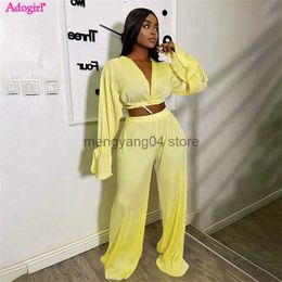 Women's Two Piece Pants Adogirl Solid Pleated 2 Piece Sets Women Autumn Outfits Lace Up V Neck Long Flare Sleeve Blouse Crop Top Wide Leg Pants Suits T230512