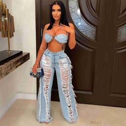 Women's Two Piece Pants Sexy Hole Tassel Denim 2 Piece Set Women 2023 New Casual Lace Up Crop Top + Wide Leg Pants Club Outfits Streetwear Y2K Clothes T230512
