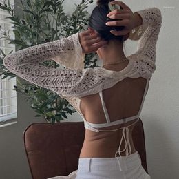 Women's Sweaters Women's Knitted Crop Tops Beige Colour Long Flare Sleeve Backless Tie-Up Hollow Out Short Casual Simple Crochet