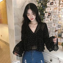 Women's Blouses Ruffles Sexy Sweet Top Long Puff Sleeve Women Chiffon Blouse V-neck Vintage Clothes Slim Fit Black Tee Shirt Ladies Elegant