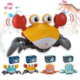 Electric/RC Animals Induction Escape Crawling Crab Educational USB Charging Crab with Music LED Avoid Obstacles Sensory Moving Toys for Toddler 230512