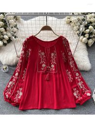 Women's Blouses Women Spring Summer Blouse French Printed Shirt Loose Long Sleeve Design Small Retro Lantern Embroidery Top D2532